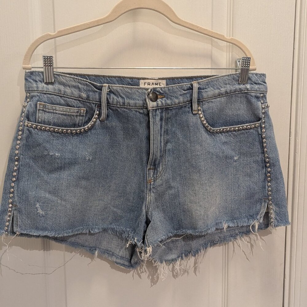 Frame Denim Blue Jean Shorts with Studded Details